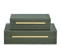 Goodinough Green Shagreen Decorative Boxes with Lids Set of 2 - Large Leather Stacking Storage Boxes for Home Decor, Gold Metal Handle Remote Control Box, Modern Jewelry Box for Shelves, Coffee Table