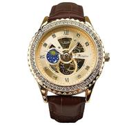 GOODLIYA Luxury Gold Tone Mechanical Watch for Men with Skeleton Moon Phase Dial with Faux Swirl Diamond Markers and Self-winding Bezel