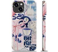 Goodon for iPhone 14 Case/iPhone 13 Case - Wireless Charging - Dual-Layer Hard Shell & Silicone Cover - Protective Phone Case with Cute Wildflower Designs for Women - Retro Blue Collage