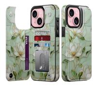 Goodon for iPhone 15 Plus Wallet Case with Card Holder,RFID-Blocking,Aesthetic Vintage Floral Girly Shell,Trendy Unique Cool Retro Protective Phone Cover for Women Girls - Magnolia Flowers