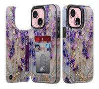 Goodon for iPhone 15 Wallet Case with Card Holder,RFID-Blocking,Aesthetic Vintage Floral Girly Shell,Trendy Unique Cool Retro Protective Phone Cover for Women Girls - Lavender