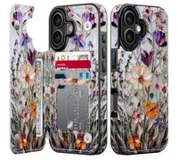 Goodon for iPhone 16 Plus Wallet Case with Card Holder,RFID-Blocking,Aesthetic Vintage Floral Girly Shell,Trendy Unique Cool Retro Protective Phone Cover for Women Girls - Marble Pressed Flowers