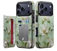 Goodon for iPhone 17 Pro Wallet Case with Card Holder,RFID-Blocking,Aesthetic Vintage Floral Girly Shell,Trendy Unique Cool Retro Protective Phone Cover for Women Girls - Magnolia Flowers