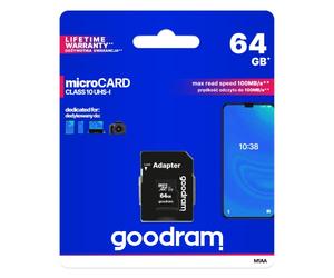 goodram 64GB M1AA Micro Card High Speed Class 10 Memory Card with Adapter and UHS-I Interface Read Speed up to 100MB/s Write Speed from 10MB/s 64GB
