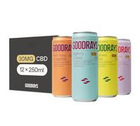 GOODRAYS CBD Drinks, Sparkling Low Calorie Soft Drink, Vegan, 4 Flavour Mixed Pack, 12 x 250ml Cans, Packaging May Vary
