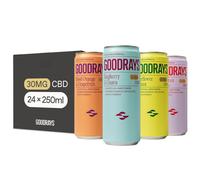 GOODRAYS CBD Drinks, Sparkling Low Calorie Soft Drink, Vegan, 4 Flavour Mixed Pack, 24 x 250ml Cans, Packaging May Vary