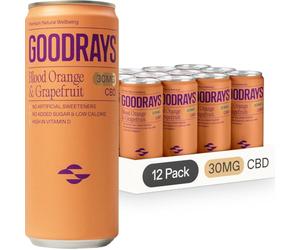 GOODRAYS CBD Drinks, Sparkling Low Calorie Soft Drink, Vegan, Blood Orange & Grapefruit, 12 x 250ml Cans, Packaging May Vary