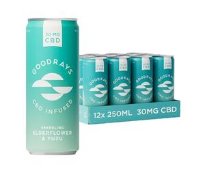 GOODRAYS CBD Drinks, Sparkling Low Calorie Soft Drink, Vegan, Elderflower & Yuzu, 12 x 250ml Cans, Packaging May Vary