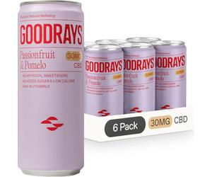 GOODRAYS CBD Drinks, Sparkling Low Calorie Soft Drink, Vegan, Passionfruit & Pomelo, 6 x 250ml Cans, Packaging May Vary
