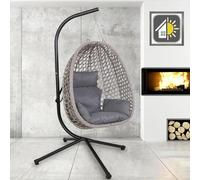 GOODS EMPORIUM Luxury Folding Hanging Rattan Egg Swing Chair Patio Garden Cocoon Relaxing Hammock with Cushions (Grey, Single)