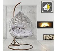 GOODS EMPORIUM Luxury Hanging Rattan Double Egg Chair Indoor & Outdoor Garden Swing Chair Cocoon Relaxing Hammock with Cushions - RAIN COVER INCLUDED (Double, Brown - Grey - Grey)