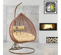 GOODS EMPORIUM Luxury Hanging Rattan Double Egg Chair Indoor & Outdoor Garden Swing Chair Cocoon Relaxing Hammock with Cushions - RAIN COVER INCLUDED (Double, Brown - Brown - Beige)