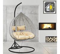 GOODS EMPORIUM Luxury Hanging Rattan Double Egg Chair Indoor & Outdoor Garden Swing Chair Cocoon Relaxing Hammock with Cushions - RAIN COVER INCLUDED (Double, Black - Grey - Beige)