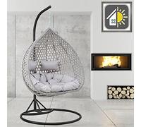 GOODS EMPORIUM Luxury Hanging Rattan Double Egg Chair Indoor & Outdoor Garden Swing Chair Cocoon Relaxing Hammock with Cushions - RAIN COVER INCLUDED (Double, Black - Grey - Grey)