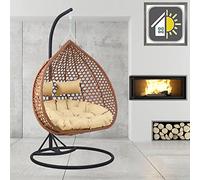 GOODS EMPORIUM Luxury Hanging Rattan Double Egg Chair Indoor & Outdoor Garden Swing Chair Cocoon Relaxing Hammock with Cushions - RAIN COVER INCLUDED (Double, Black - Brown - Beige)