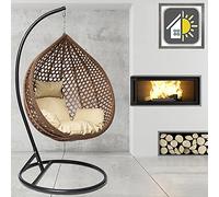 GOODS EMPORIUM Luxury Rattan Hanging Egg Chair Outdoor & Indoor Garden Swing Chair Hammock with Cushions - RAIN COVER INCLUDED (Medium, Black - Brown - Beige)