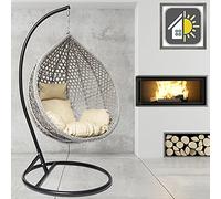GOODS EMPORIUM Luxury Rattan Hanging Egg Chair Outdoor & Indoor Garden Swing Chair Hammock with Cushions - FREE COVER INCLUDED (Medium, Black - Grey - Beige)
