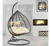 GOODS EMPORIUM Premium Hanging Double Egg Chair Outdoor Garden Swing Chair Hammock Chair with Cushions - RAIN COVER INCLUDED (Double, Black - Black - Beige)