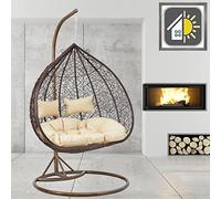 GOODS EMPORIUM Premium Hanging Double Egg Chair Outdoor Garden Swing Chair Hammock Chair with Cushions - FREE COVER INCLUDED (Double, Brown - Brown - Beige)