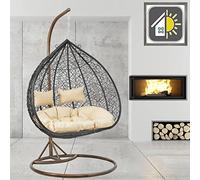GOODS EMPORIUM Premium Hanging Double Egg Chair Outdoor Garden Swing Chair Hammock Chair with Cushions - RAIN COVER INCLUDED (Double, Brown - Black - Beige)
