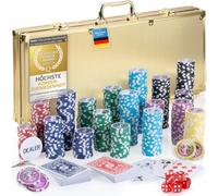 GOODS+GADGETS® Poker Set 500 Chips - Lockable Aluminium Case, Gold | Complete poker set with 500 chips, 2 card decks, 5 dice, dealer button & 2 keys - gold aluminium case