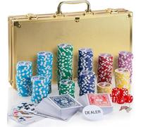 GOODS+GADGETS® Poker Set with 300 Chips - Lockable Aluminium Case | Complete poker kit with 2 card decks, 5 dice, dealer button & keys - available in gold, silver or black