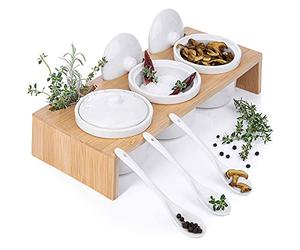 GOODS+GADGETS Porcelain Serving Bowl Set with Spoons and Lids; 3 Bowls in Serving Tray and Serving Board as Spice Container for Snacks, Oils, Salt