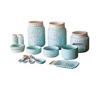 Goodscious 7-Piece Beautiful Vintage Mason Jar Ceramic Kitchenware & Measuring Set | Cookie Jar, Sponge Holder, Utensil Crock, Salt & Pepper Shakers, Spoon Rest, Measuring Cups, Measuring Spoons Blue
