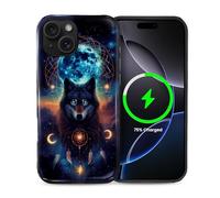 Goodsprout for iPhone 15 Plus Case for MagSafe Glossy Hard Shell Acrylic and Silicone Soft Shell Combination Phone Style 2-in-1 Blue Moon Wolf Dreamcatcher Starry Night Pattern