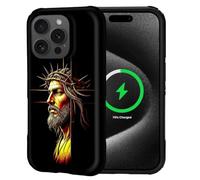 Goodsprout for iPhone 15 Pro Case for MagSafe Non Slip Hard Shell Acrylic and Silicone Soft Shell Combination Phone Style 2-in-1 Jesus with Crown of Thorns Behind Cross Pattern