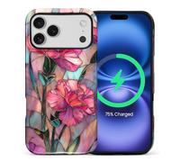 Goodsprout for iPhone 17 Pro Max Case for MagSafe Glossy Hard Shell Acrylic and Silicone Soft Shell Combination Phone Style 2-in-1 Pink Carnations Stained Glass Art Pattern