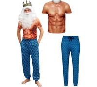 Goodstoworld 5 Pcs Halloween Poseidon Costume M-3XL Mermaid Pants Fake Muscle Shirt Crown Wig and Beard Sets