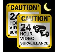 Goodvia Aluminum 24 Hour Video Surveillance Signs 10x10cm Self-Adhesive Design for Easy Installation CCTV Stickers Signage Outdoor Indoor 2Pack