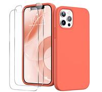 GOODVISH 3 in 1 for iPhone 12 Pro Max Case Liquid Silicone with 2x Screen Protector, Anti-Scratch Full covered Microfiber Lining Shockproof Protective Slim Phone Case Cover 6.7", Reddish Orange