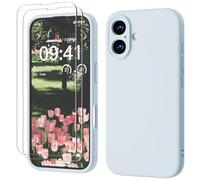 GOODVISH 3 IN 1 for iPhone 16 Case 6.1 inch, Upgraded Camera Protection, 2X HD Screen Protector, Liquid Silicone Anti-Scratch Shockproof Gel Rubber Anti-Fingerprint Phone Case Cover, Blue Grey