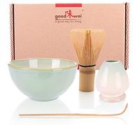 Goodwei Matcha Set with Matcha Whisk, Spoon and Ceramic Matcha Bowl with Whisk Holder in Matching Design | Artisanal Matcha Tea Bowl Chawan | Gift Set (Hasunomi, 80)