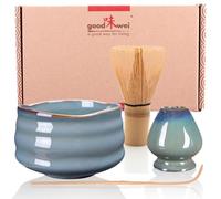 Goodwei Matcha Set with Matcha Whisk, Spoon and Ceramic Matcha Bowl with Whisk Holder in Matching Design | Artisanal Matcha Tea Bowl Chawan | Gift Set (Menouseki, 80)