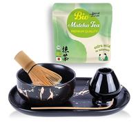 Goodwei Organic Matcha from Japan in Matcha Set Complete with Modern Matcha Bowl in Elegant Marble Design, Matcha Brush, Broom Holder and Serving Tray, Gift Set for Tea Ceremony (Black/Gold)