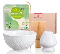 Goodwei Organic Matcha Tea from Japan | Complete Set with Matcha Whisk, Spoon, Matcha Bowl Chawan with Whisk Holder Matching Design | Authentic Tea Ceremony Set (Rokku Shiro)