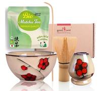 Goodwei Organic Matcha Tea from Japan | Complete Set with Matcha Whisk, Spoon, Matcha Bowl Chawan with Whisk Holder Matching Design | Authentic Tea Ceremony Set (Plum)