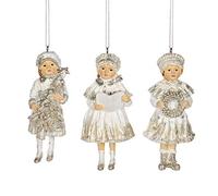 Goodwill: Victorian Children Three Girls Holding Christmas Tree Wreath and Book Champagne Gold and White Resin Figurine 12 Centimeter Set of 3