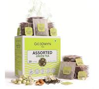 Goodwyn Assorted Green Tea Sampler (20 Tea Bags) | 4 Premium Green Tea Varieties | Green Tea, Kashmiri Kahwa, Jasmine Green & Tulsi Green | 100% Natural | Plastic Free Tea Bags | Low Caffeine Non