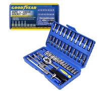 Goodyear 46-Piece 1/4" Drive Socket Set - Quick Release Ratchet, Reversible Function, Spinner Handle, Extension Bars, Adaptor & Universal Joint - Strong Grip Rounded Wall Sockets