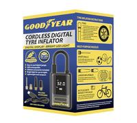 Goodyear Cordless Tyre Inflator | Portable Air Compressor Pump with Rechargeable Battery, Digital Pressure Gauge, Auto Shut-Off, 12V Car Adapter, for Cars, Bikes, Inflatables | Compact, Easy to Use