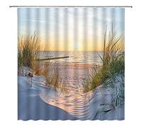 GOOESING Beach Shower Curtain Ocean Sun Grass Seacoast Sand Seaside Coastal Sunrise Peaceful Seascape Fabric Bath Curtains Bathroom Polyester with Plastic Hooks,Light Blue Yellow