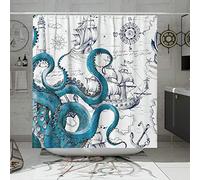 GOOESING Cool Octopus Shower Curtain Anime Nautical Shower Curtain Teal Kraken Shower Curtain Sailboat Pirate Shower Curtain Polyester Waterproof Shower Curtain