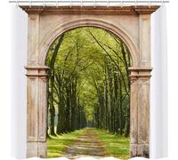 GOOESING Europe Decor Shower Curtain Rustic Doorway Building Shower Curtain Landscape Bath Curtain with Hooks Green Park Bathroom Decor Waterproof Fabric 180x180cm