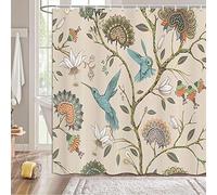 GOOESING Khaki Floral Pattern Shower Curtain, Modern Bohemian Style Flower Blue Birds Print Bathroom Shower Curtain, Elegant Lovely Flowers Animal Print Bathtub Curtain with Hooks