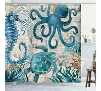 GOOESING Nautical Biological Theme Shower Curtain Blue Ocean Sea Turtles Octopus Seahorse Beach Coral Reef Vintage Nautical Map Curtain Fabric Bathroom with Hooks Washable, Teal,170X180cm