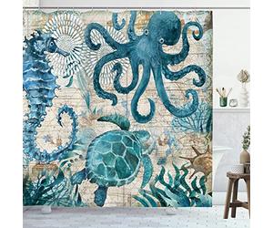 GOOESING Nautical Biological Theme Shower Curtain Blue Ocean Sea Turtles Octopus Seahorse Beach Coral Reef Vintage Nautical Map Curtain Fabric Bathroom with Hooks Washable, Teal,72 X 72 Inch